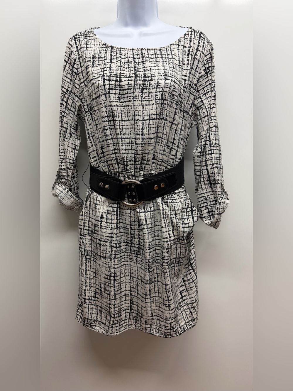 mittoshop Black & White Grid Print Long Sleeve Dress with Belt